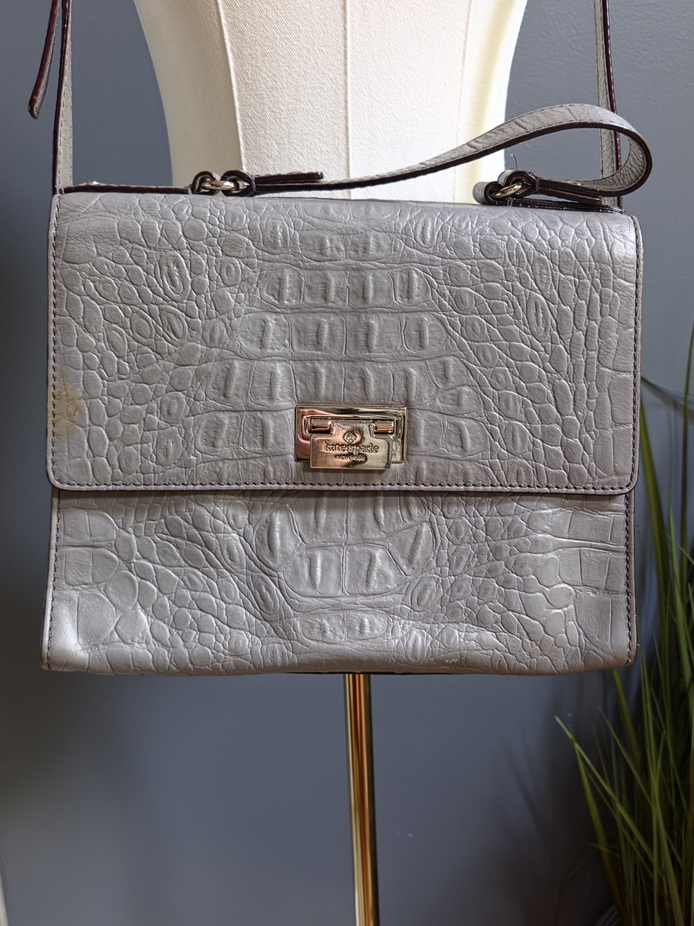 Kate Spade- Croc-Embossed Leather Crossbody Bag With Gold Metal Hardware